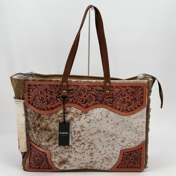 Myra Bag Handbags - Myra Cartwright Hand Tooled Bag Women Large Tan White Cowhide Western Tote 14562